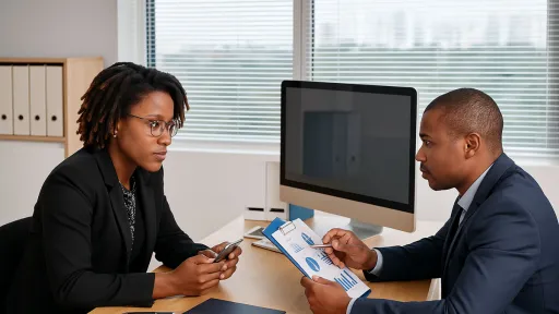 A lady and a man sitting on a desk