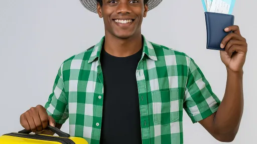 A young man carrying a bag and holding a travelling document