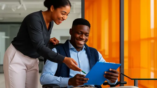 A lady explaining things to a young man