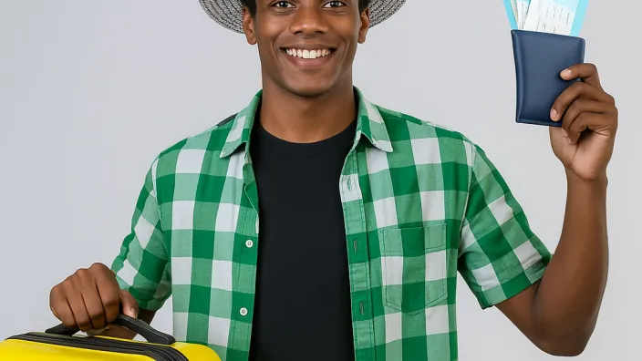 A young man carrying a bag and holding a travelling document