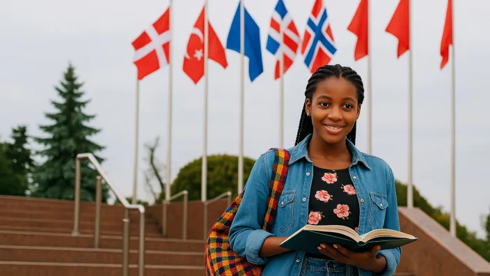 A girl standing behind flags of several countries