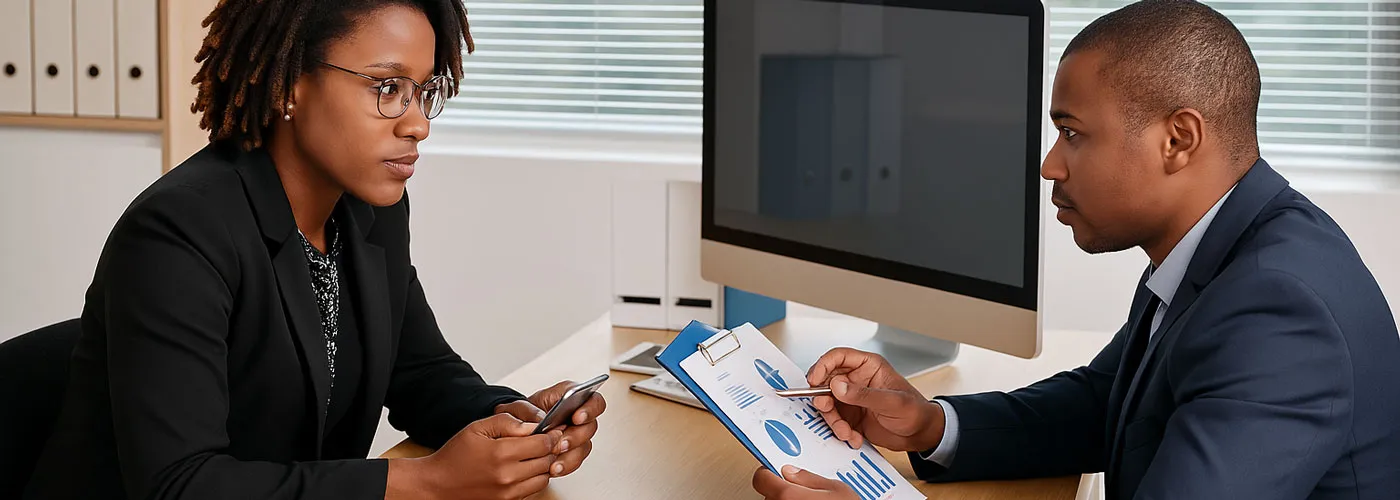 A woman and man sitting at a desk in an office