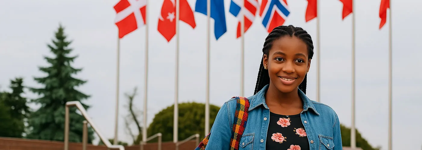 A girl with flags of countries behind her
